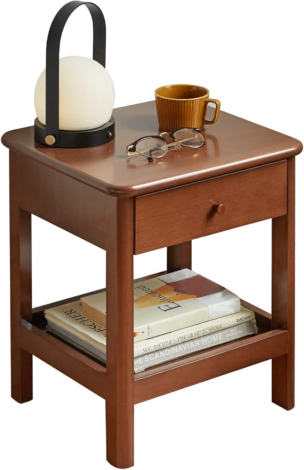 100% Solid Wood Bedside Table Single Drawer Open Design Partition Nightstand (Natural/Walnut)
