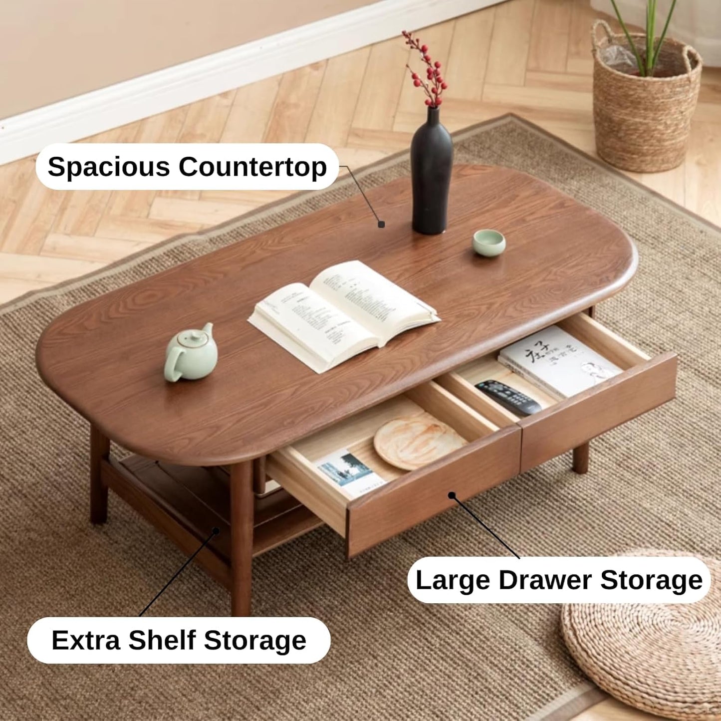 100% Solid Wood Coffee Table Walnut Coloured Two Layers (39.37"/ 47.27")