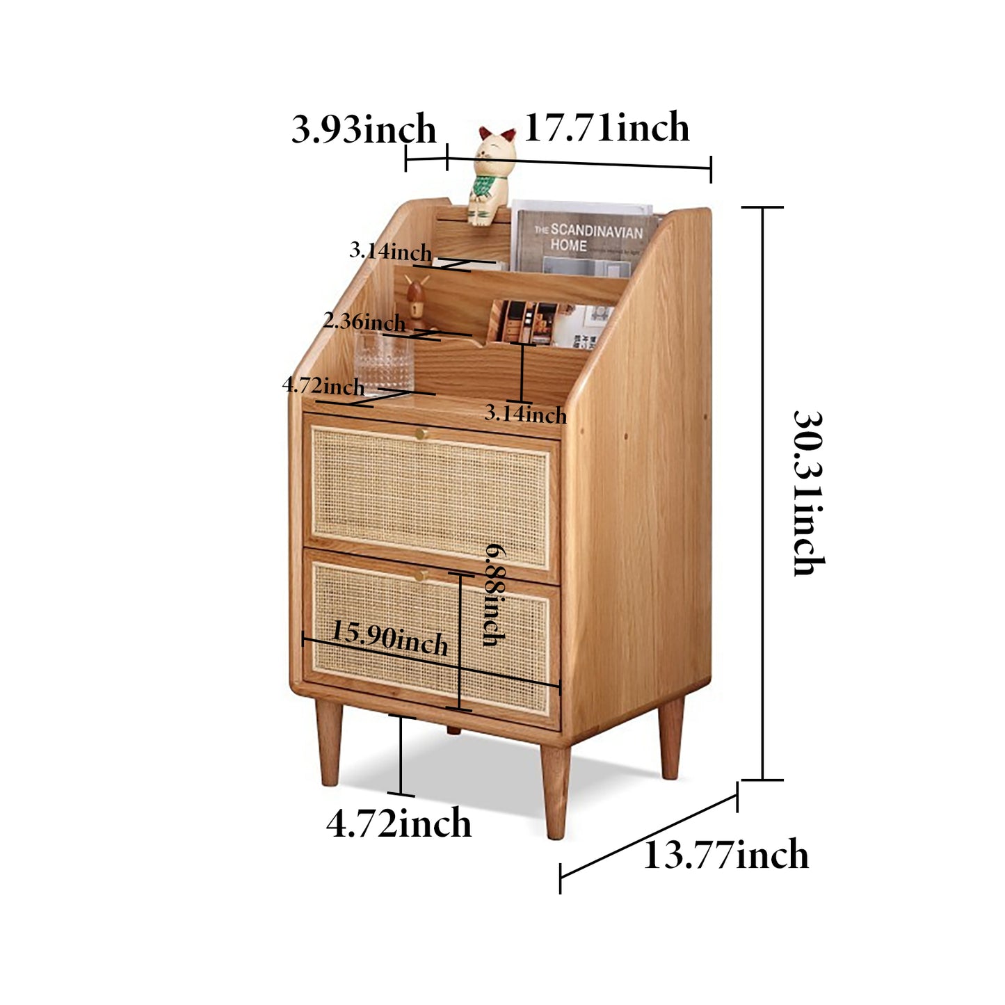 100% Solid Oak Wood Bedside Table Rattan Nightstand (Natural)