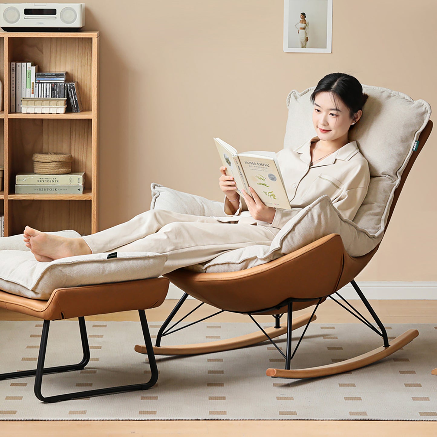 Genji Wood Fabric Eggshell Chair - Single Recliner Lounge Chair, Rocking Chair for Adults, Lazy Sofa for Balcony & Home Use