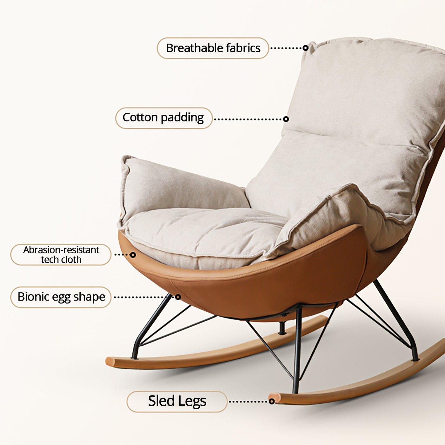 Genji Wood Fabric Eggshell Chair - Single Recliner Lounge Chair, Rocking Chair for Adults, Lazy Sofa for Balcony & Home Use