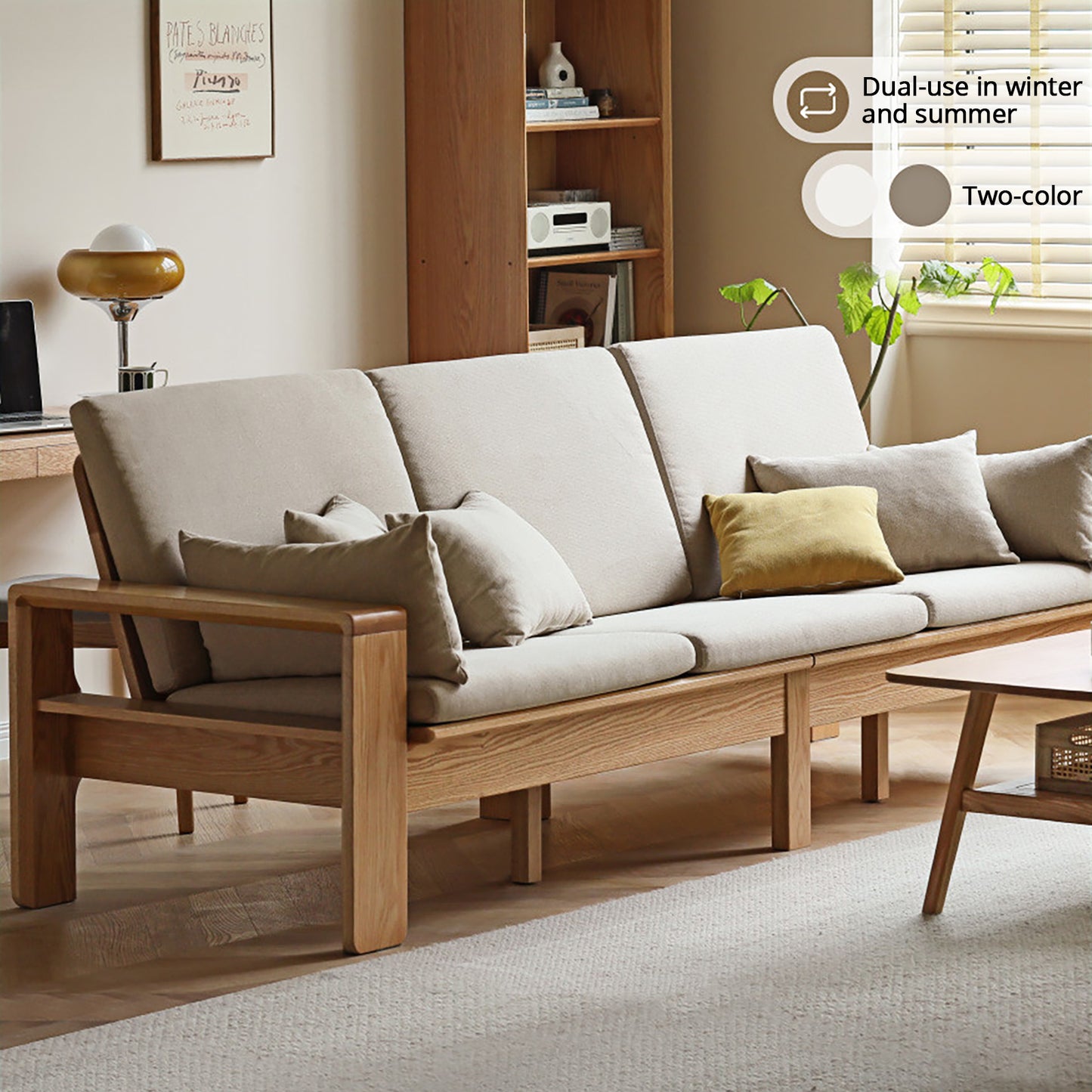Modern Minimalist Solid Wood Sofa – Nordic Style, 4-Season Dual Use, Removable Fabric, with Oak Frame and Mortise & Tenon Joinery