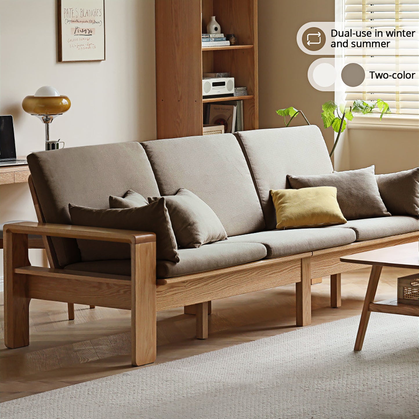 Modern Minimalist Solid Wood Sofa – Nordic Style, 4-Season Dual Use, Removable Fabric, with Oak Frame and Mortise & Tenon Joinery