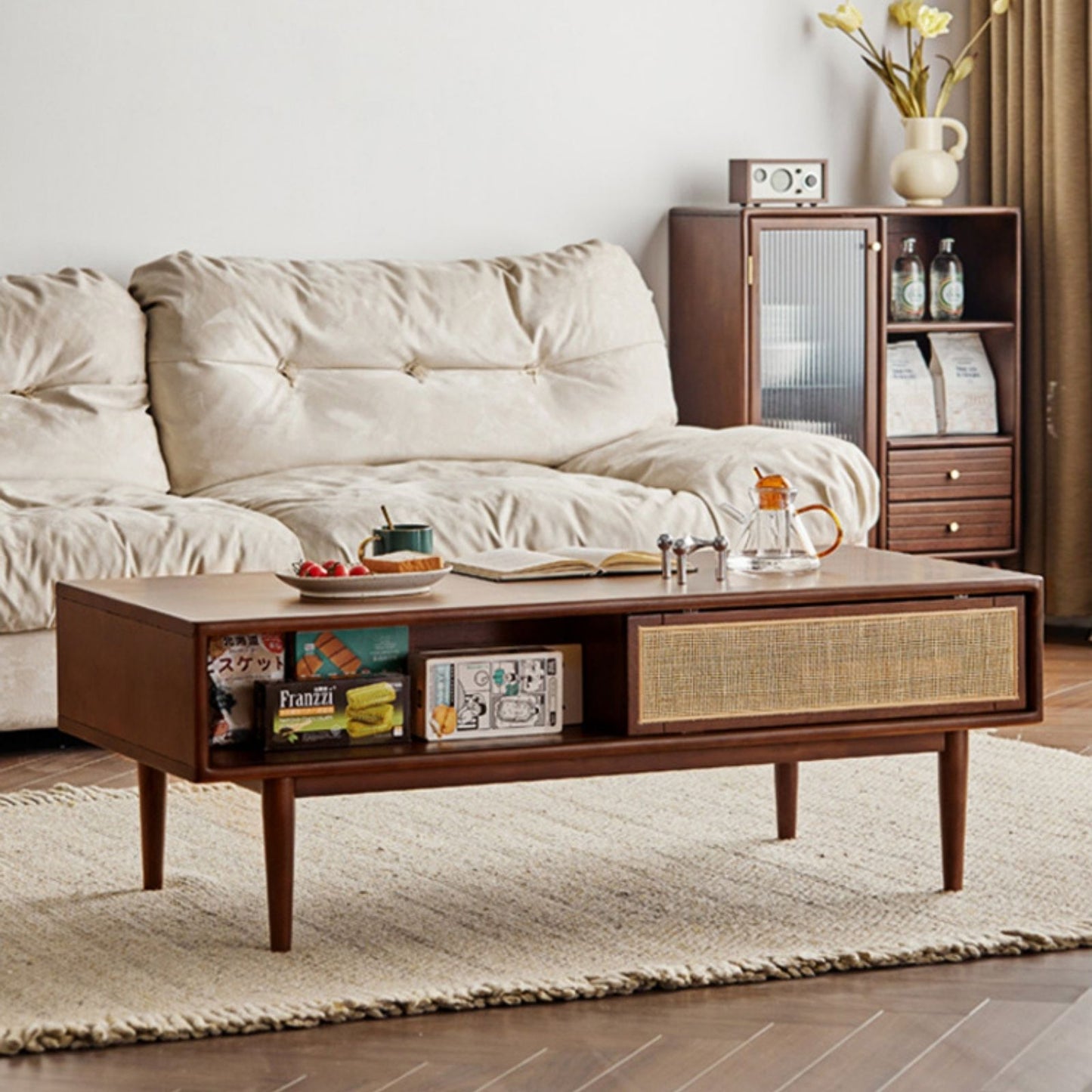 100% Solid Rubber Wood Modern Classic Solid Wood Coffee Table with Open Storage Shelf (Natural)