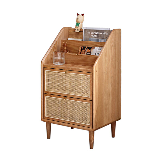 100% Solid Oak Wood Bedside Table Rattan Nightstand (Natural)