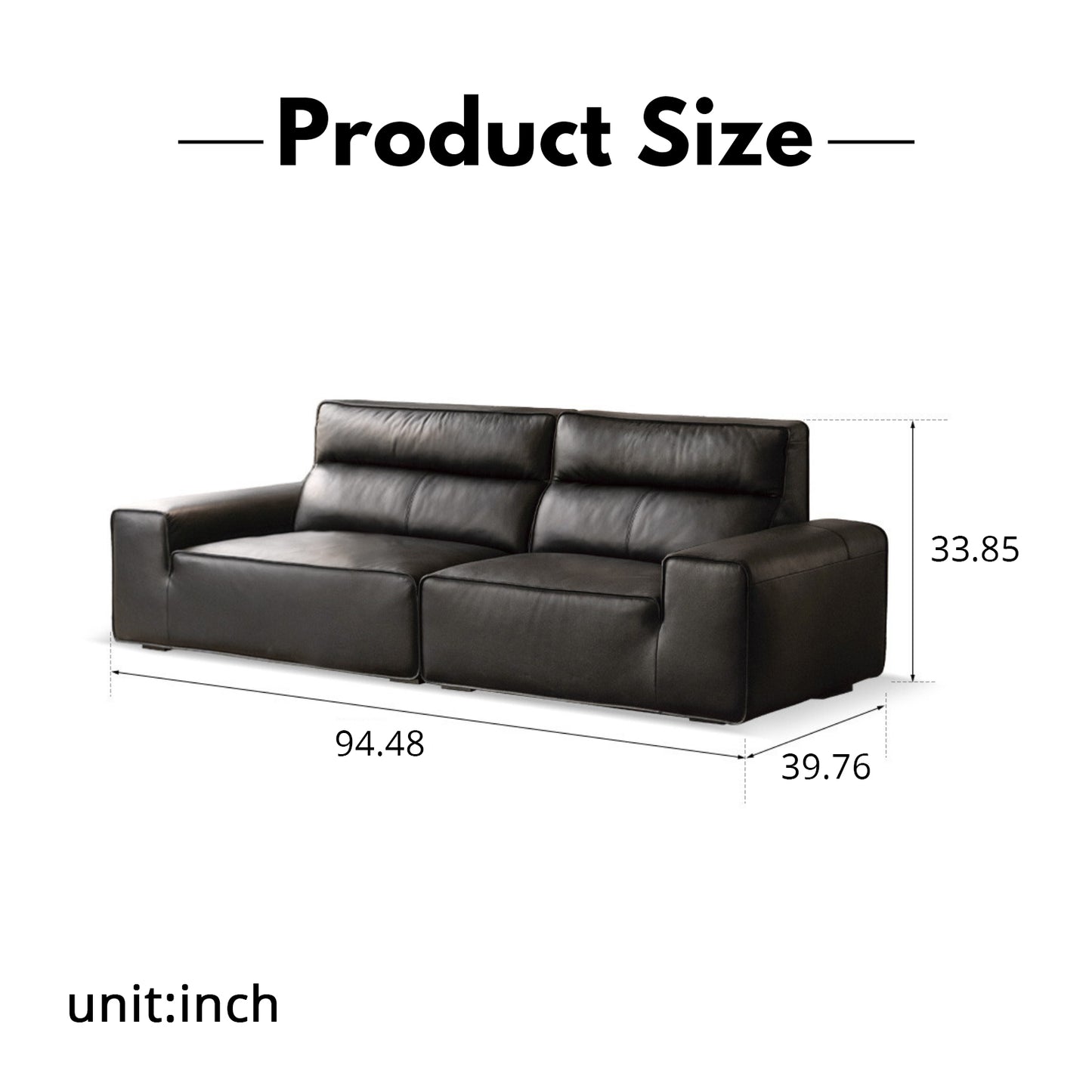 Genuine Leather Sofa – Italian Minimalist High-Back Top-Grain Black Leather Sofa