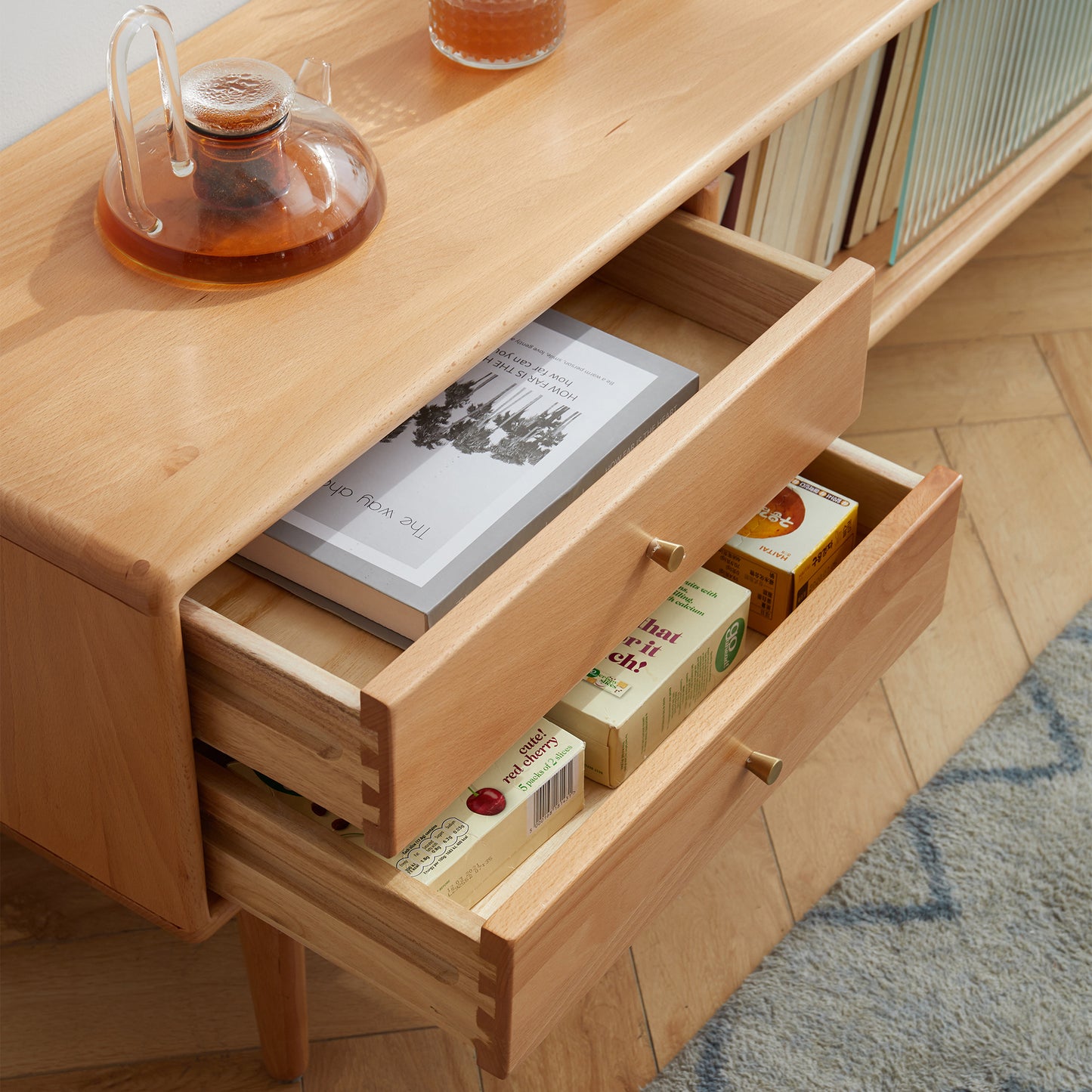 North America A Grade Solid Beech TV Cabinet With Chinese Changhong Glass Doors, Two Drawer Storage Space TV Standing