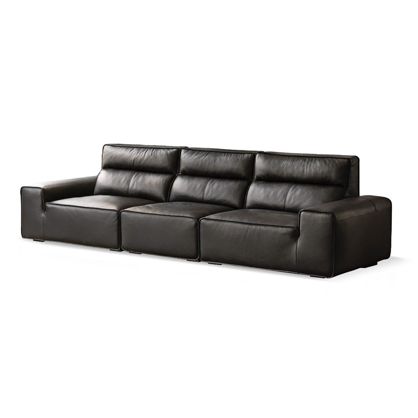 Genuine Leather Sofa – Italian Minimalist High-Back Top-Grain Black Leather Sofa