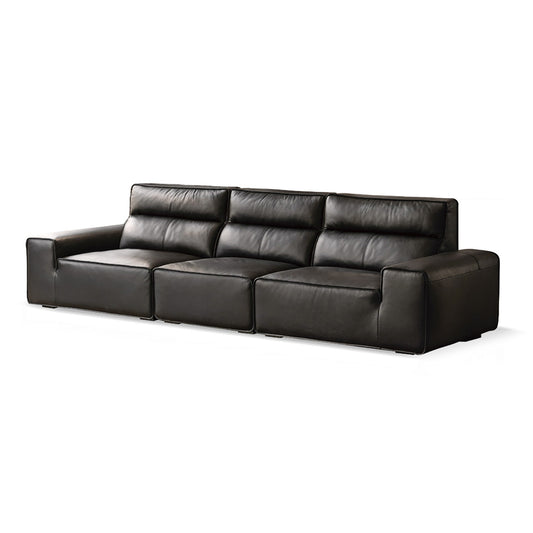 Genuine Leather Sofa – Italian Minimalist High-Back Top-Grain Black Leather Sofa