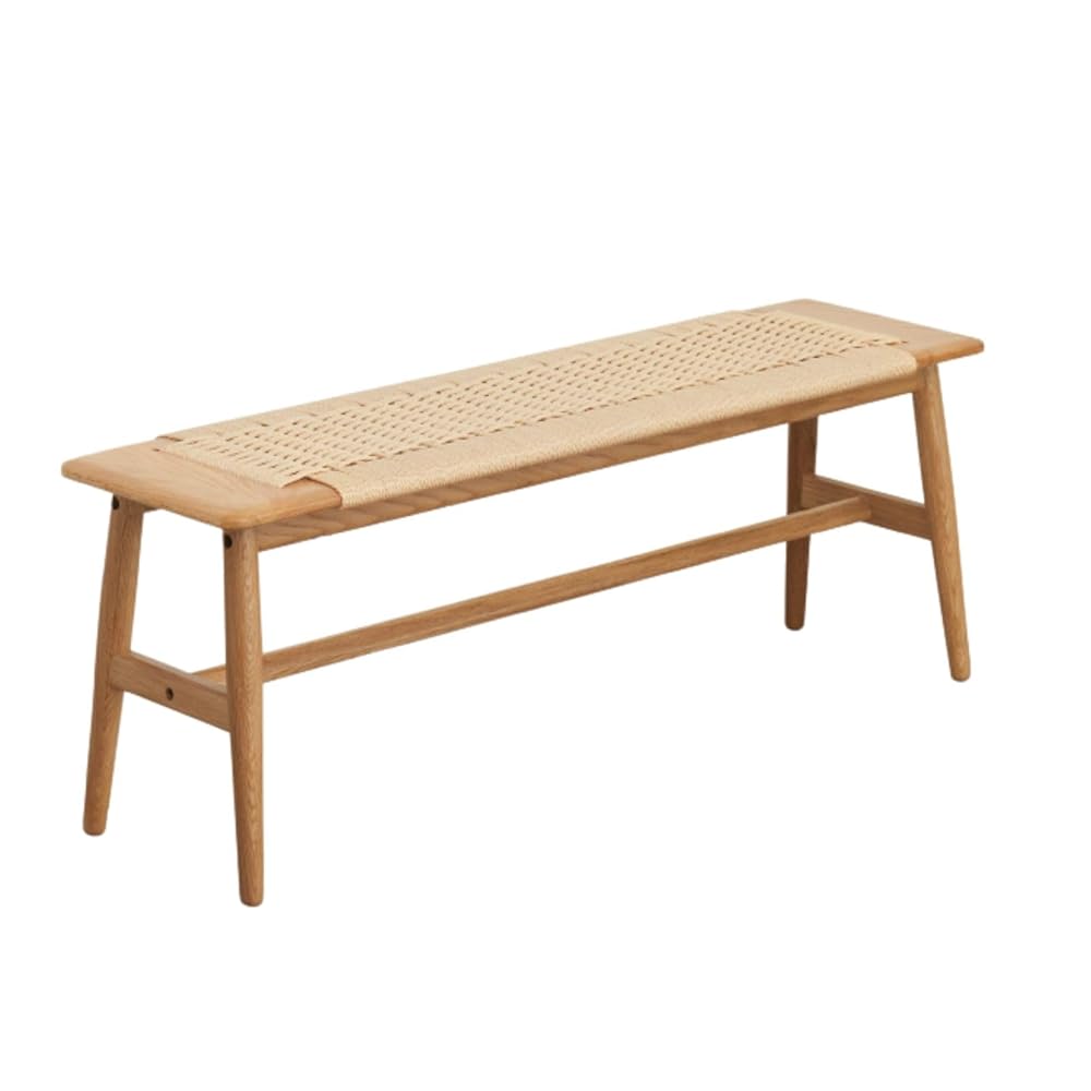 100% Solid Oak Wood Bench Hand Woven Bench (Off-White / Natural)