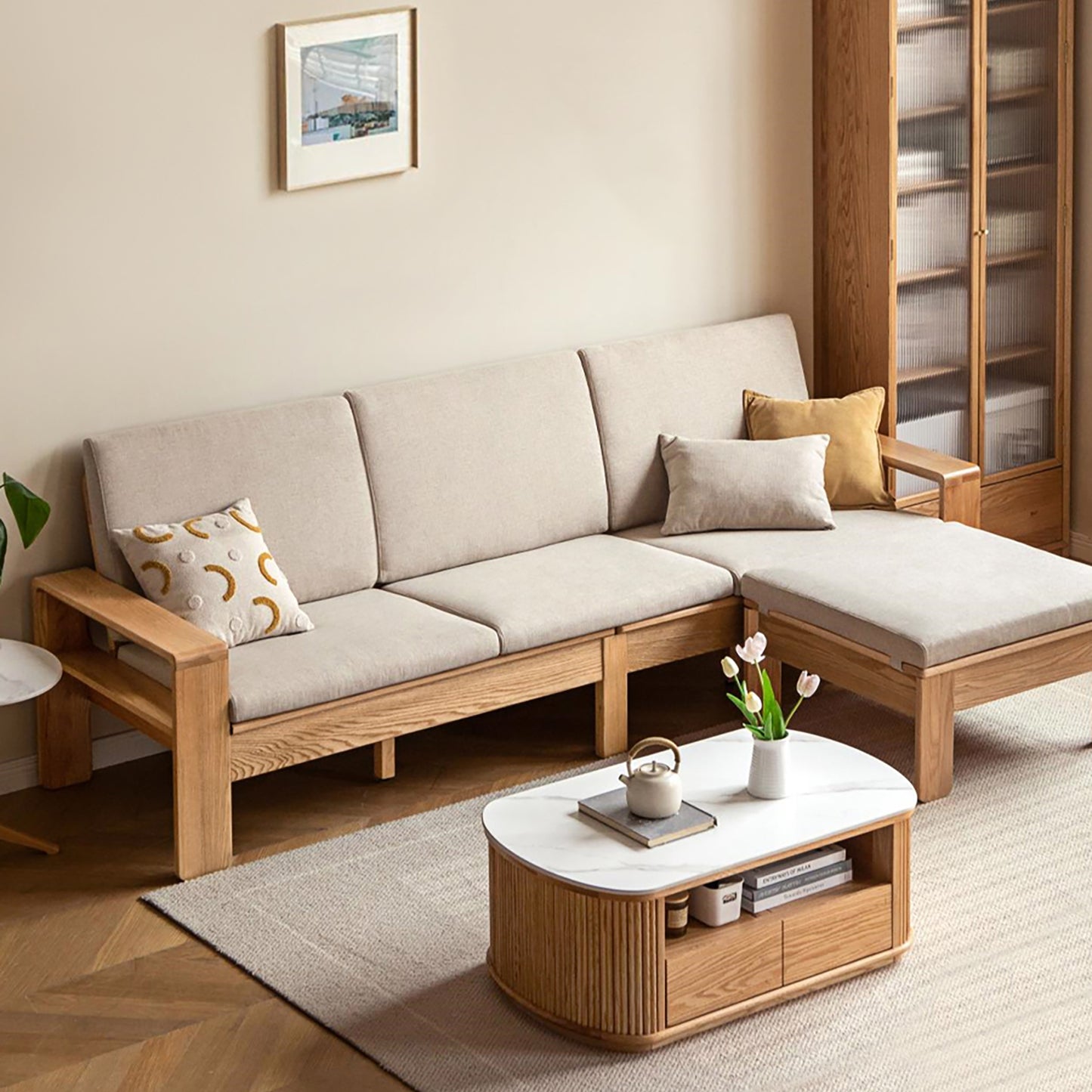 Modern Minimalist Solid Wood Sofa – Nordic Style, 4-Season Dual Use, Removable Fabric, with Oak Frame and Mortise & Tenon Joinery