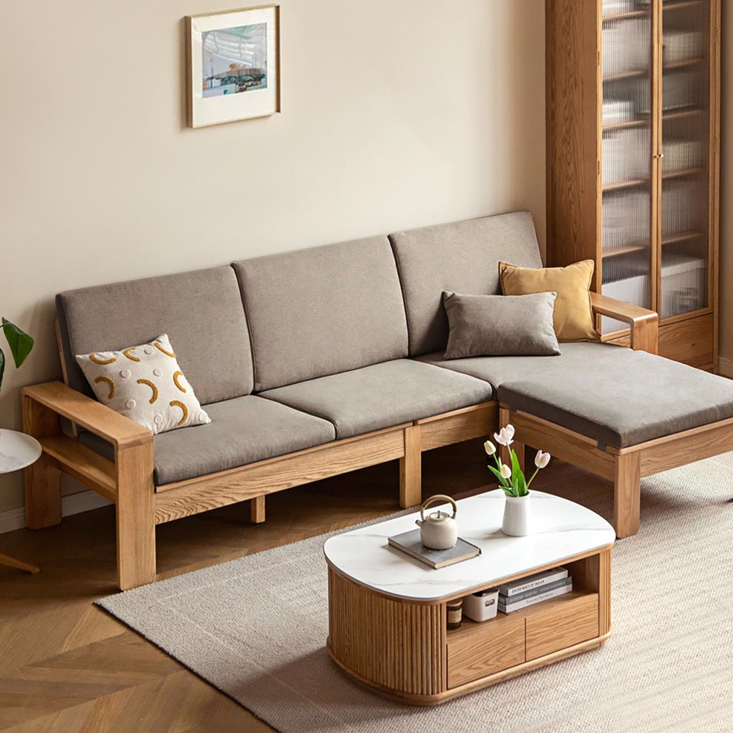 Modern Minimalist Solid Wood Sofa – Nordic Style, 4-Season Dual Use, Removable Fabric, with Oak Frame and Mortise & Tenon Joinery