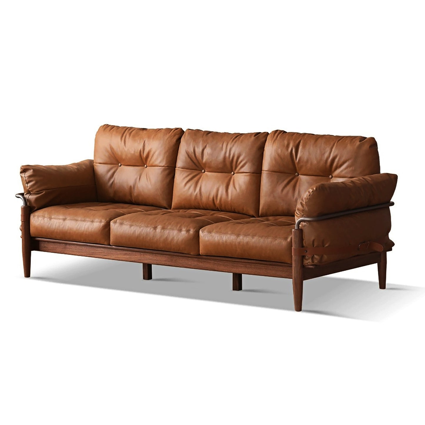 Walnut Solid Wood Sofa - Modern Retro Design with Genuine Leather & Down Cushion