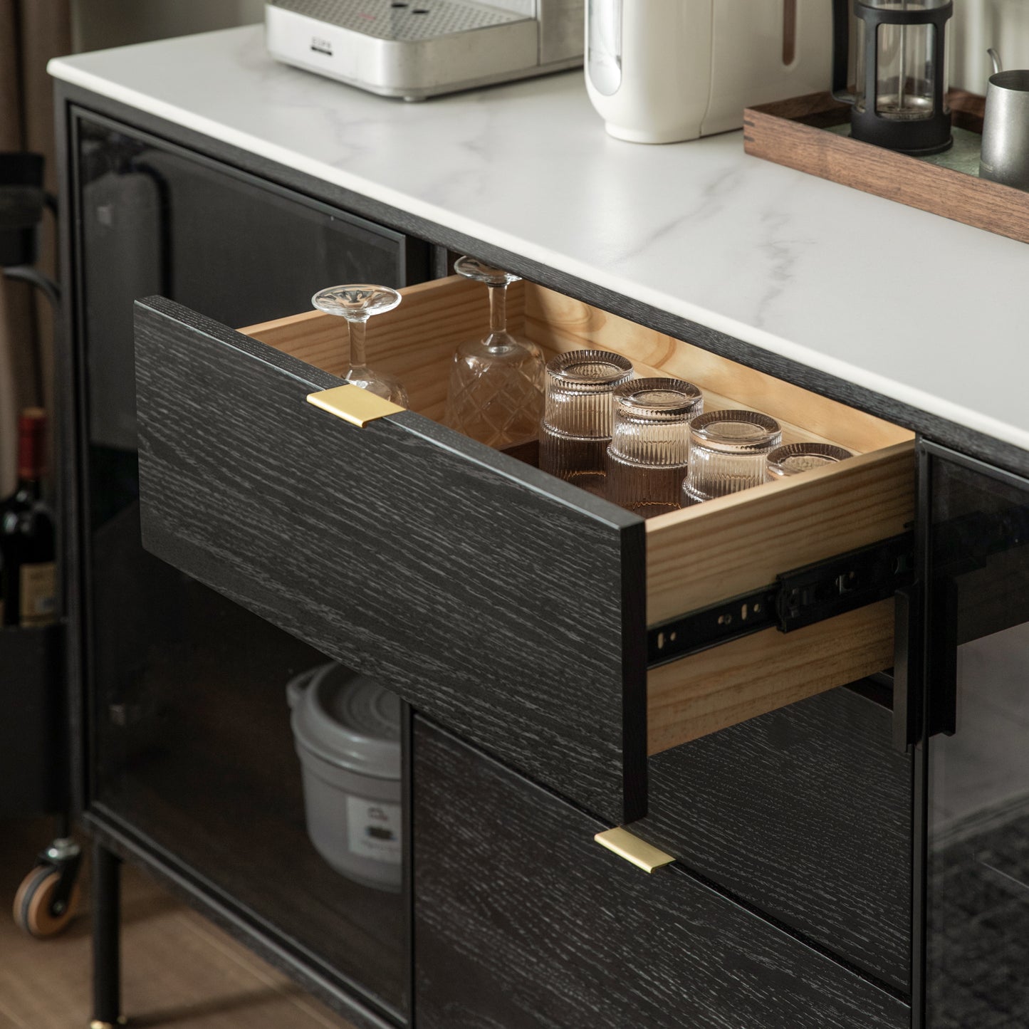 Solid Oak Wood Sideboard Buffet Cabinet with Rock Slabs Tabletop (Black)