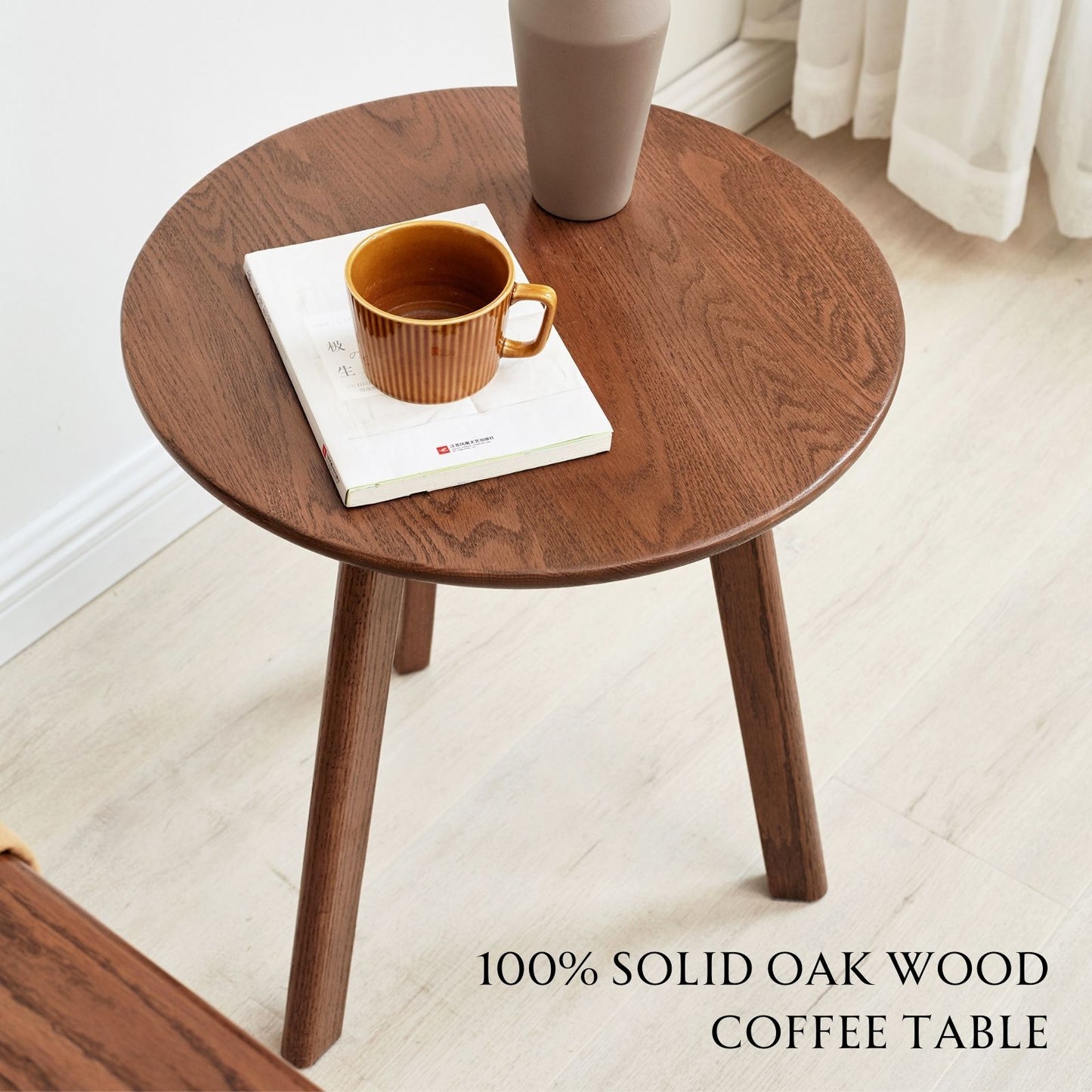 100% Solid Wood Side Table Round, End Table (Natural / Walnut)