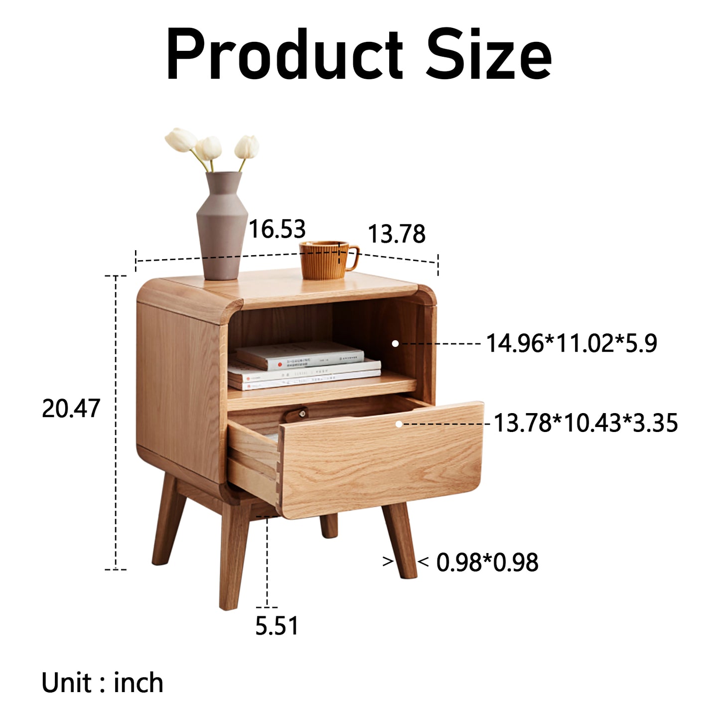 100% Wood Nightstand Bed Side Table with Drawers (Natural)