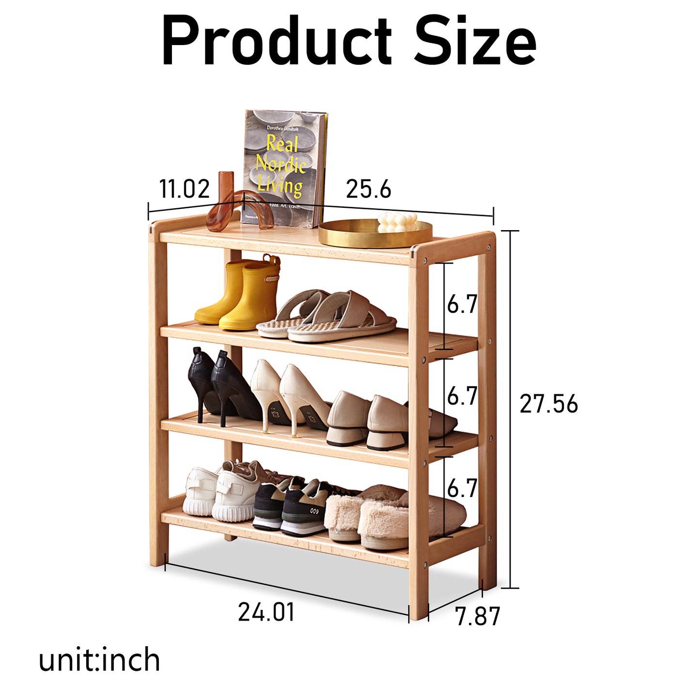 100% Solid Wood Shoe Rack 4-Tier, Closet Shoe Storage (Natural)