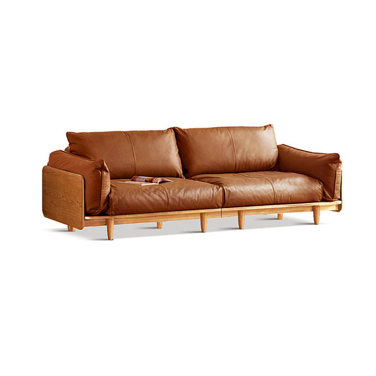 Solid Wood Cherry Sofa – Modern Minimalist Nordic Linear Sofa, Genuine Leather Couch for Small Living Rooms