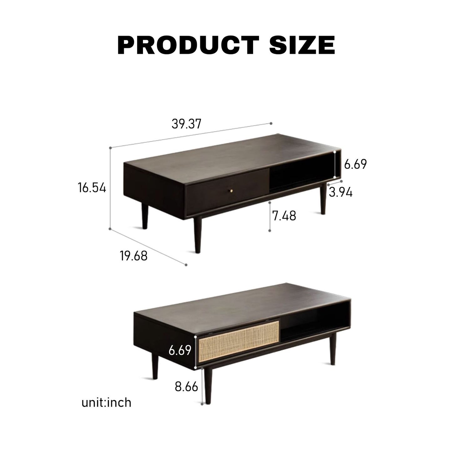 100% Solid Rubber Wood Modern Classic Solid Wood Coffee Table with Open Storage Shelf (Walnut)