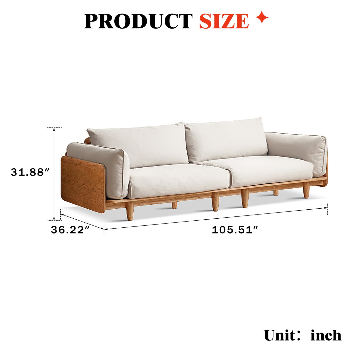 Solid Wood Cherry Sofa – Modern Minimalist Nordic Linear Sofa, Genuine Leather Couch for Small Living Rooms