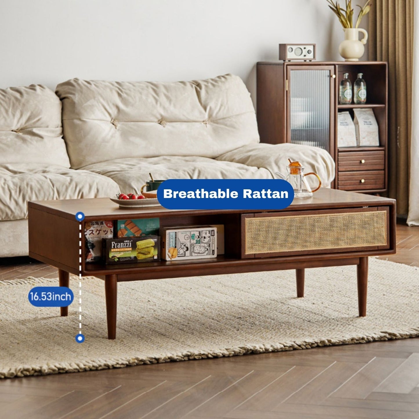 100% Solid Rubber Wood Modern Classic Solid Wood Coffee Table with Open Storage Shelf (Natural)