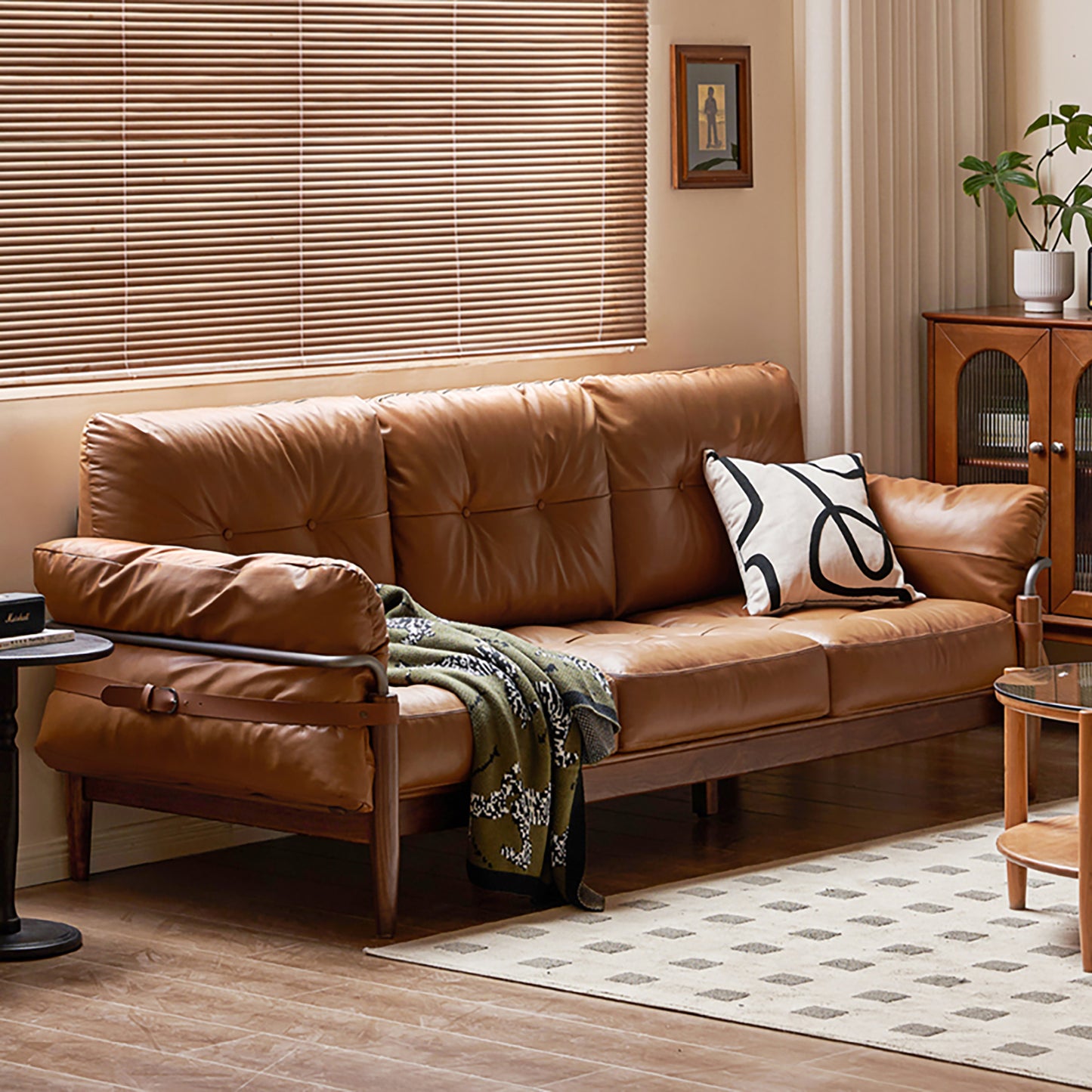 Walnut Solid Wood Sofa - Modern Retro Design with Genuine Leather & Down Cushion