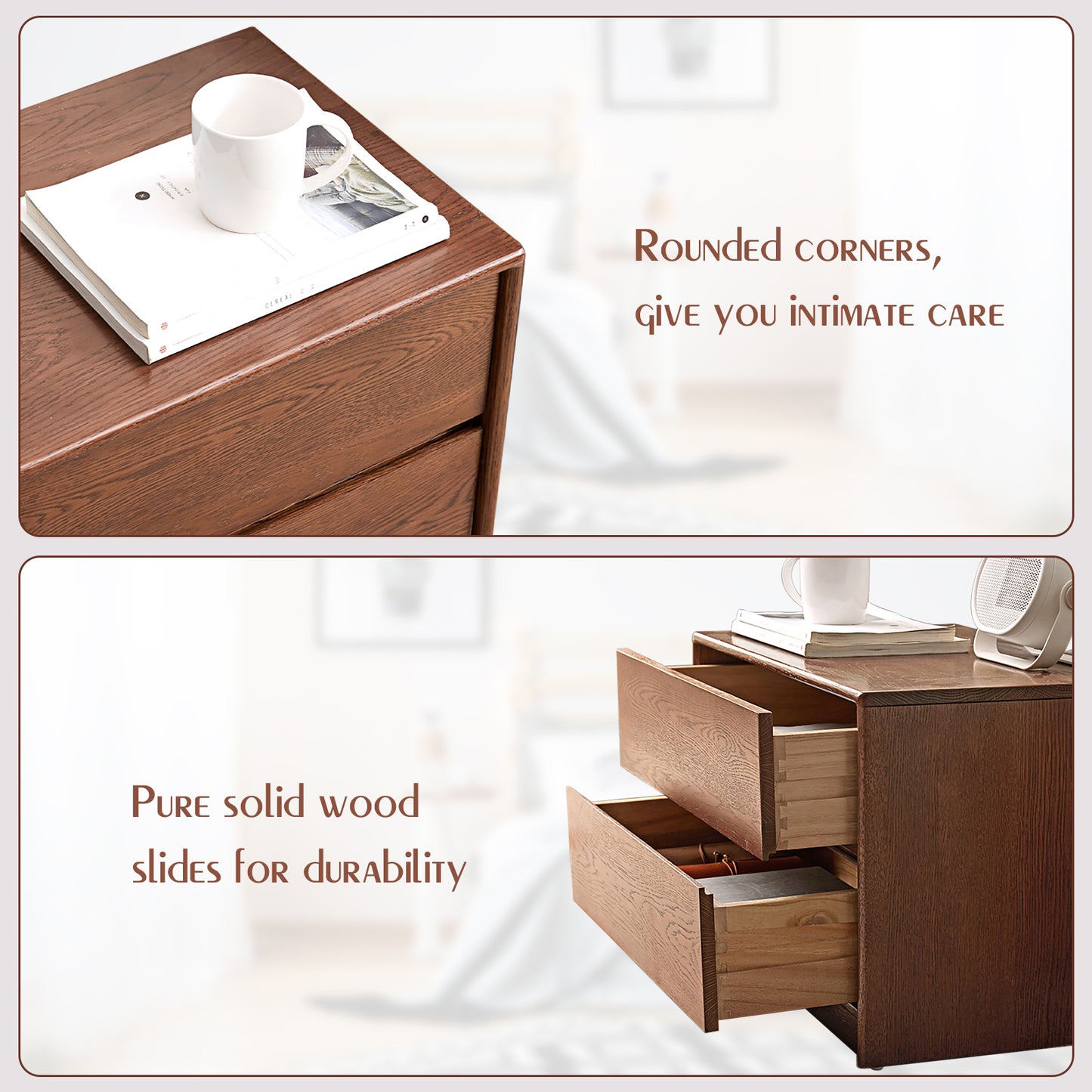 100% Solid Oak Wood Nightstand (Walnut)