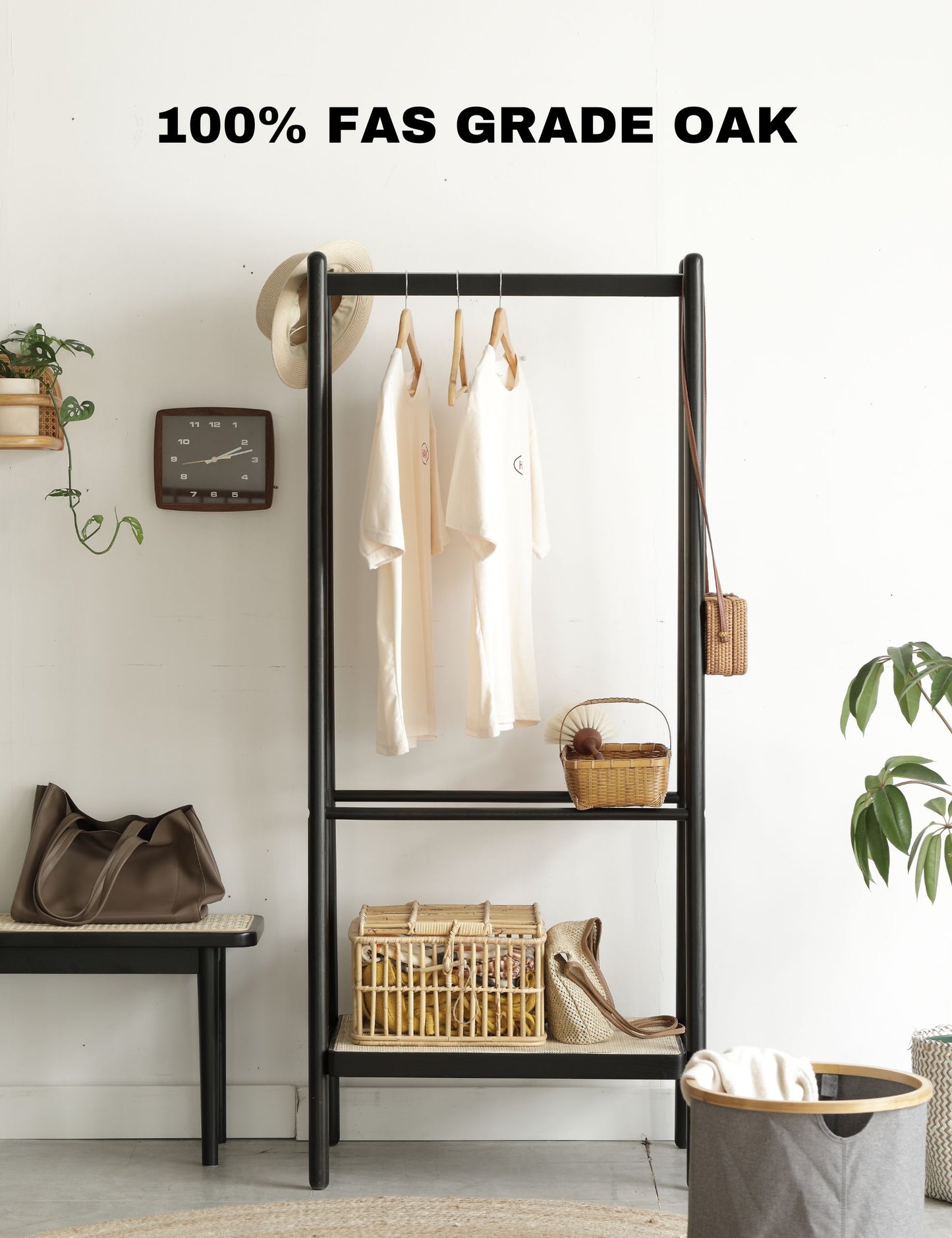100% Solid Oak Clothes Rack (Black)