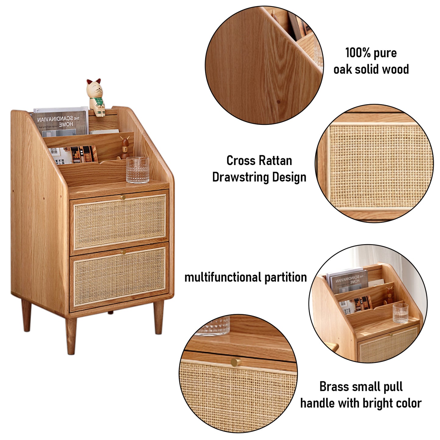 100% Solid Oak Wood Bedside Table Rattan Nightstand (Natural)