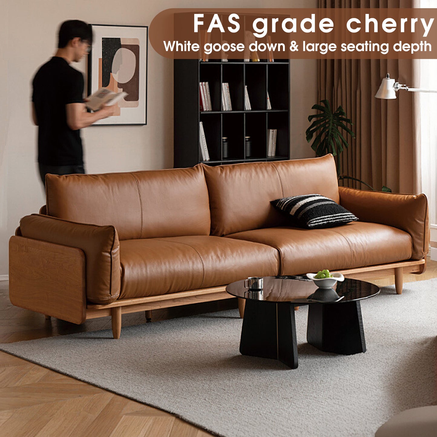 Solid Wood Cherry Sofa – Modern Minimalist Nordic Linear Sofa, Genuine Leather Couch for Small Living Rooms