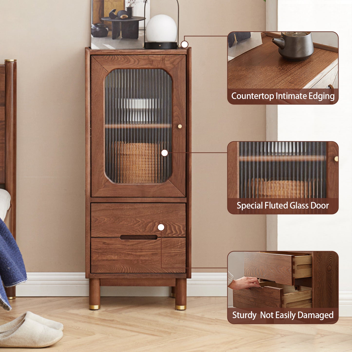 100% Solid Wood Side Cabinet, Storage Cabinet (Walnut)