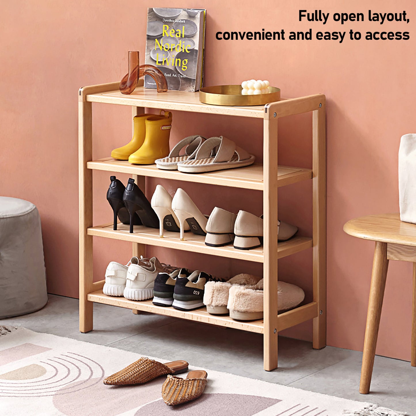 100% Solid Wood Shoe Rack 4-Tier, Closet Shoe Storage (Natural)