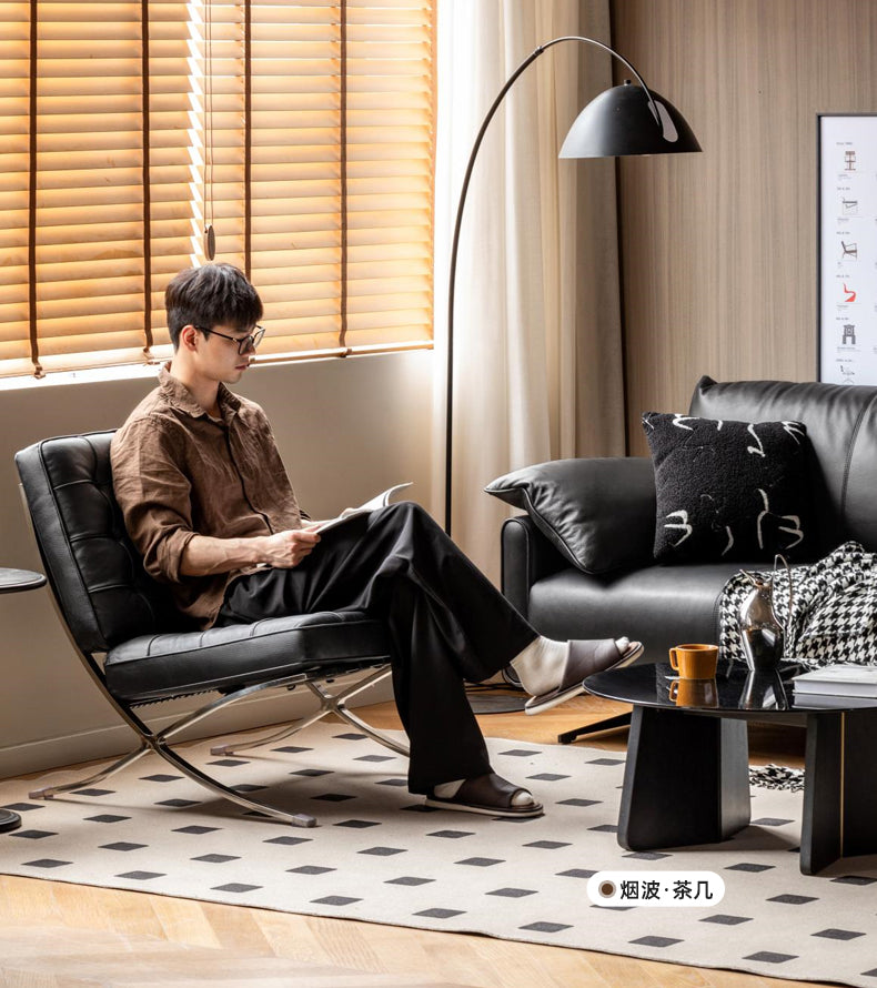 Barcelona-Style Leather Lounge Chair - Bauhaus-Inspired Design with Full-Grain Hide & Steel Frame