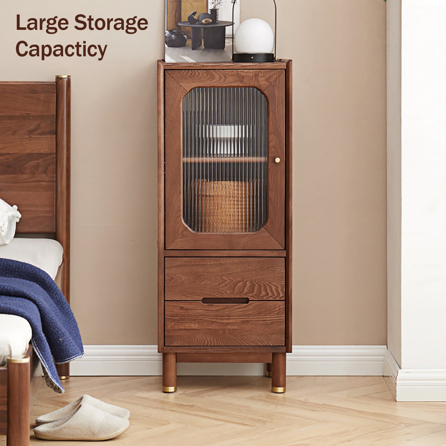 100% Solid Wood Side Cabinet, Storage Cabinet (Walnut)