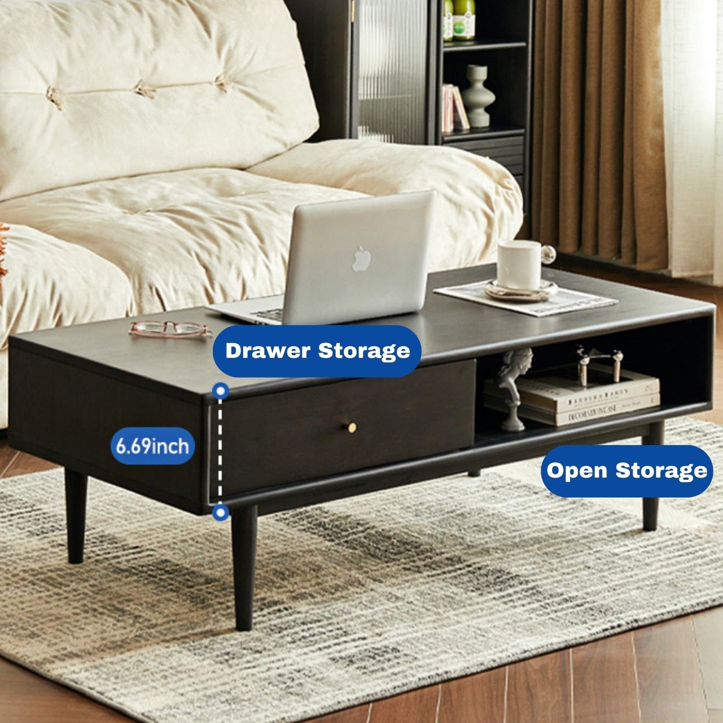 100% Solid Rubber Wood Modern Classic Solid Wood Coffee Table with Open Storage Shelf (Walnut)