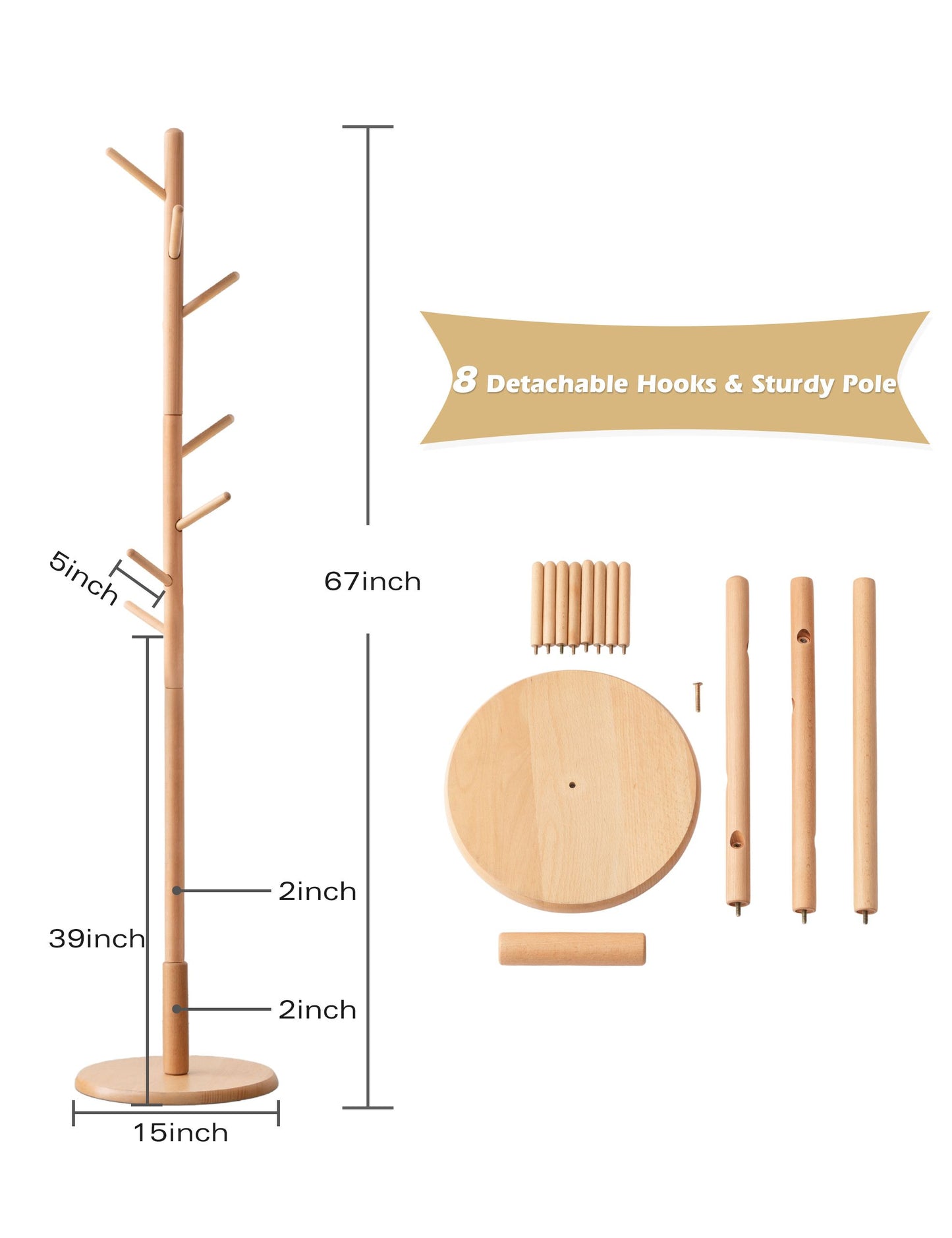 100% Solid Beech Wood Coat Rack Natural Wood Color (67"x15")