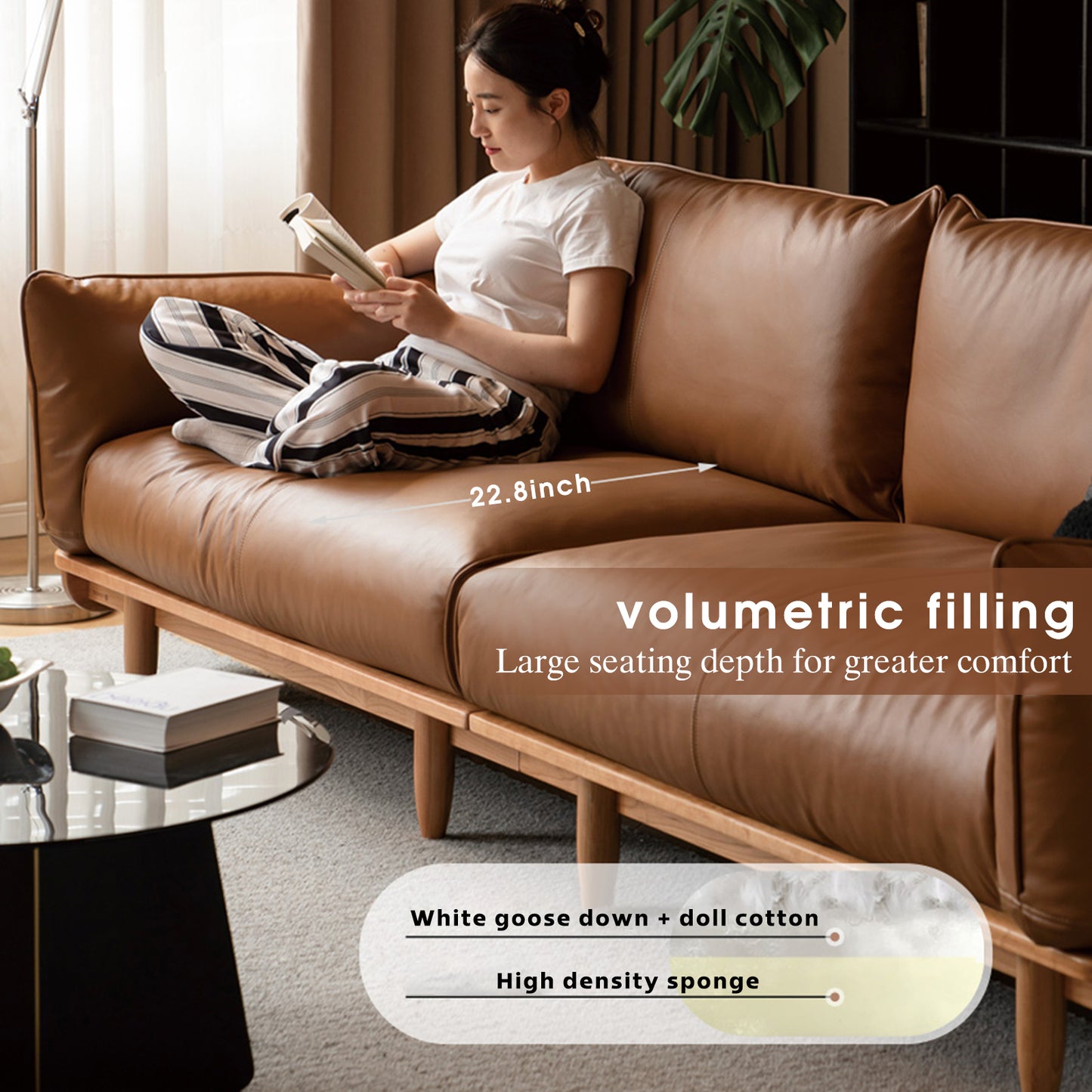 Solid Wood Cherry Sofa – Modern Minimalist Nordic Linear Sofa, Genuine Leather Couch for Small Living Rooms