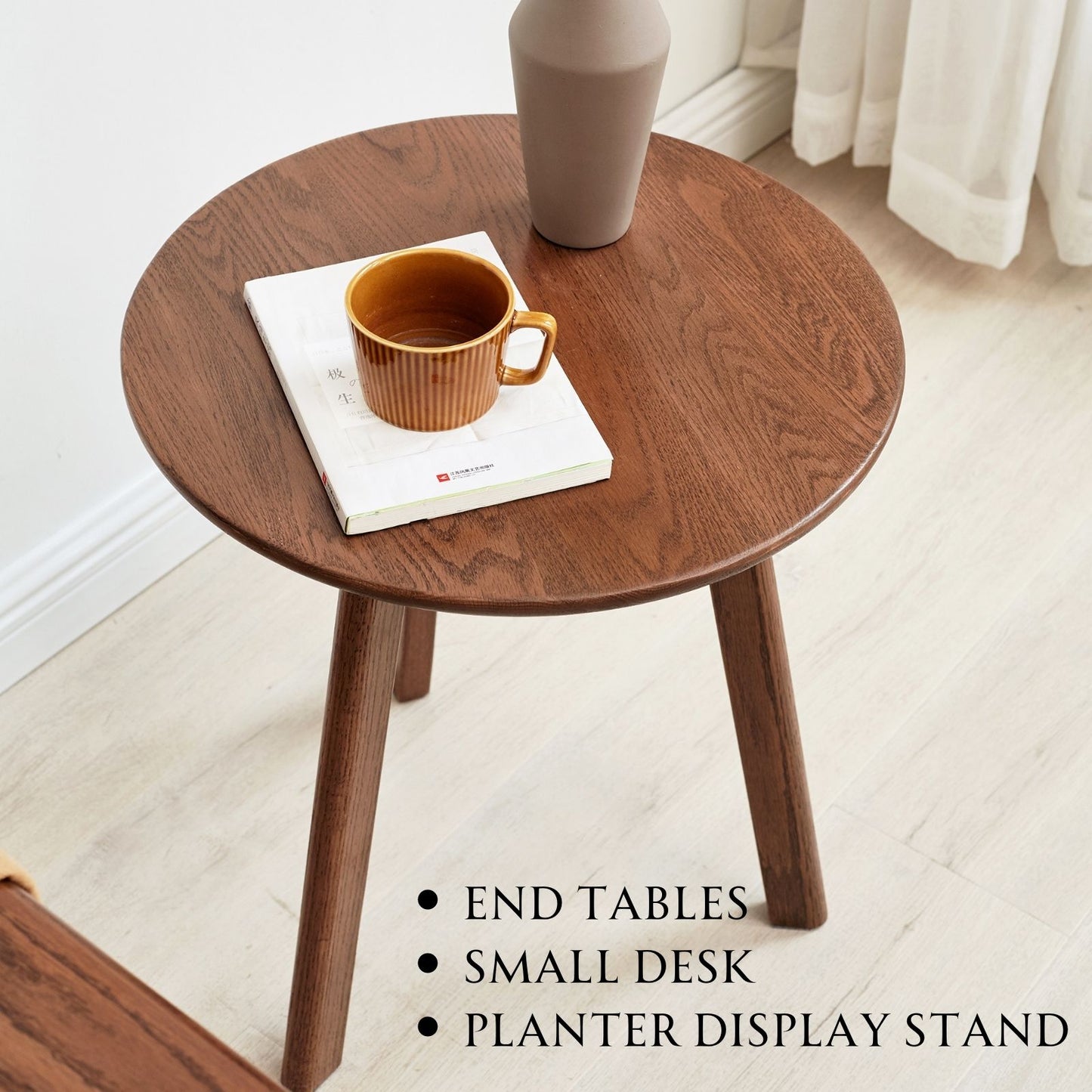 100% Solid Wood Side Table Round, End Table (Natural / Walnut)