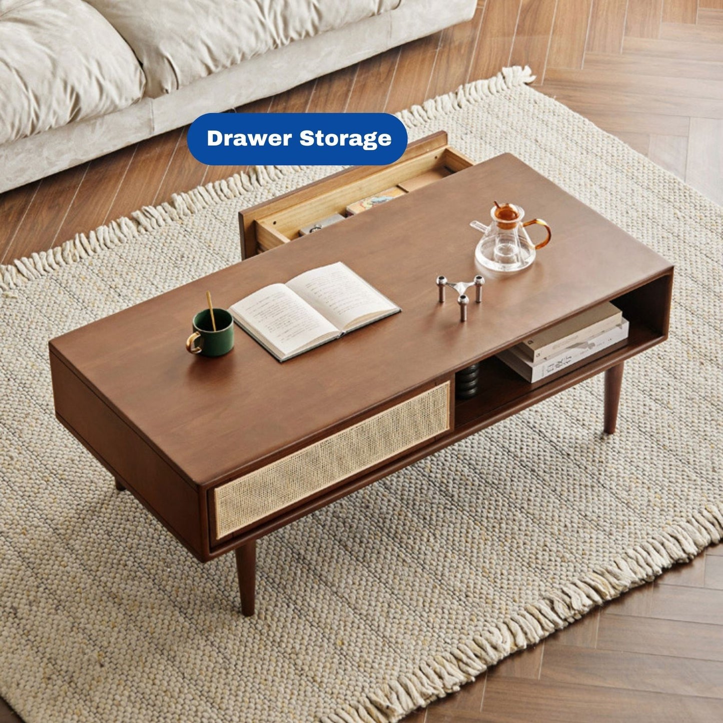 100% Solid Rubber Wood Modern Classic Solid Wood Coffee Table with Open Storage Shelf (Natural)