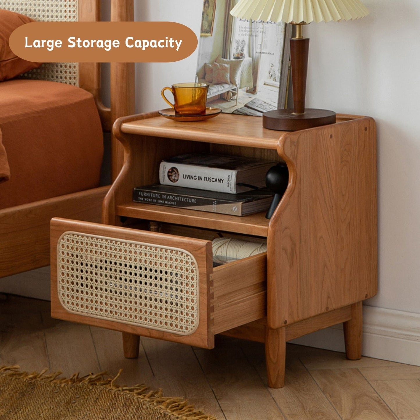 100% Solid Wood Modern Rattan Nightstand (Natural)