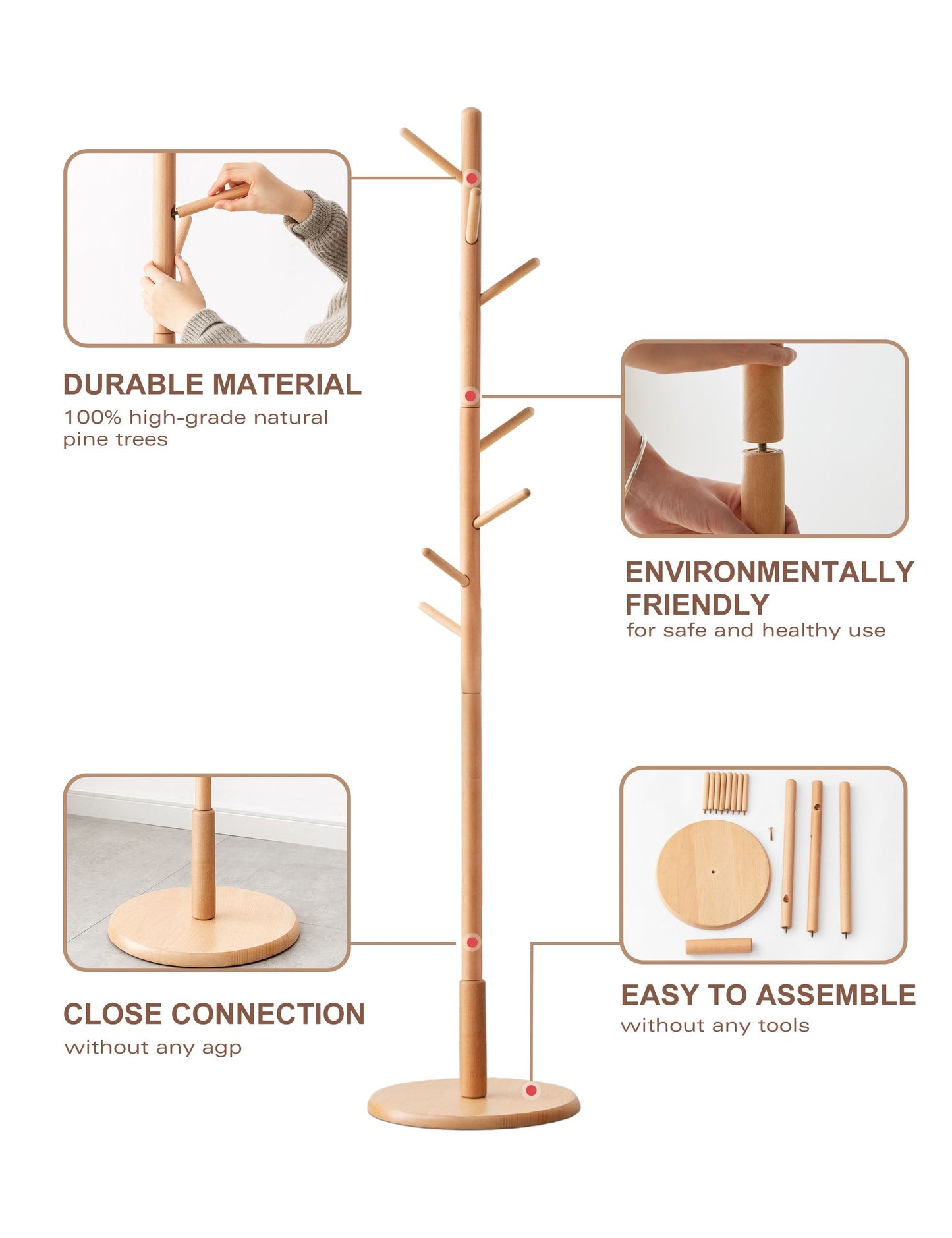 100% Solid Beech Wood Coat Rack Natural Wood Color (67"x15")