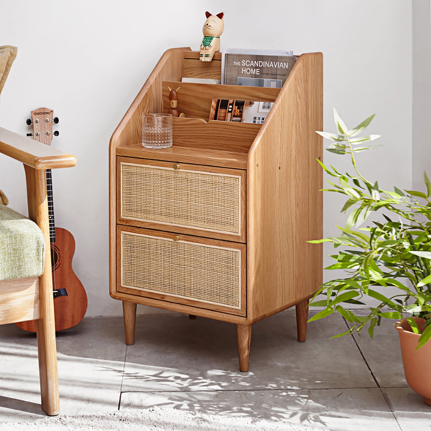 100% Solid Oak Wood Bedside Table Rattan Nightstand (Natural)