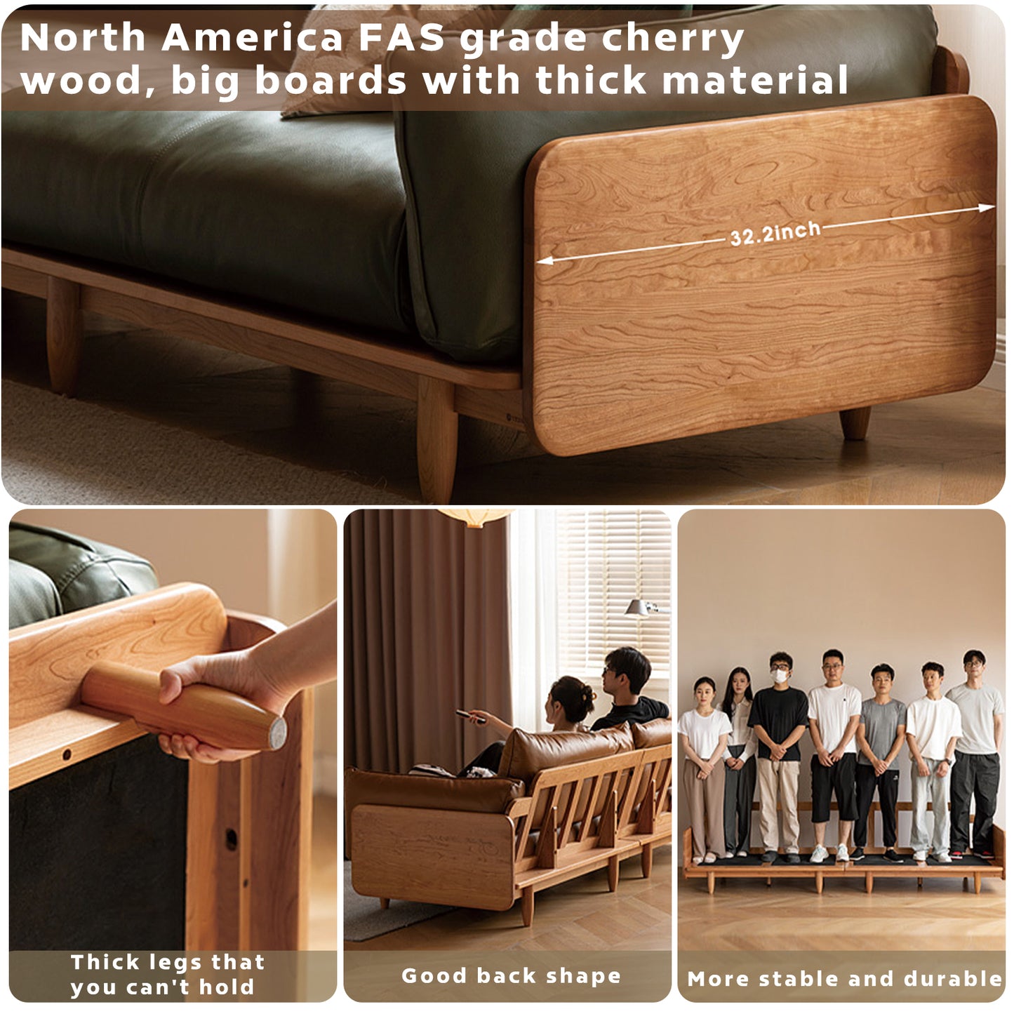 Solid Wood Cherry Sofa – Modern Minimalist Nordic Linear Sofa, Genuine Leather Couch for Small Living Rooms