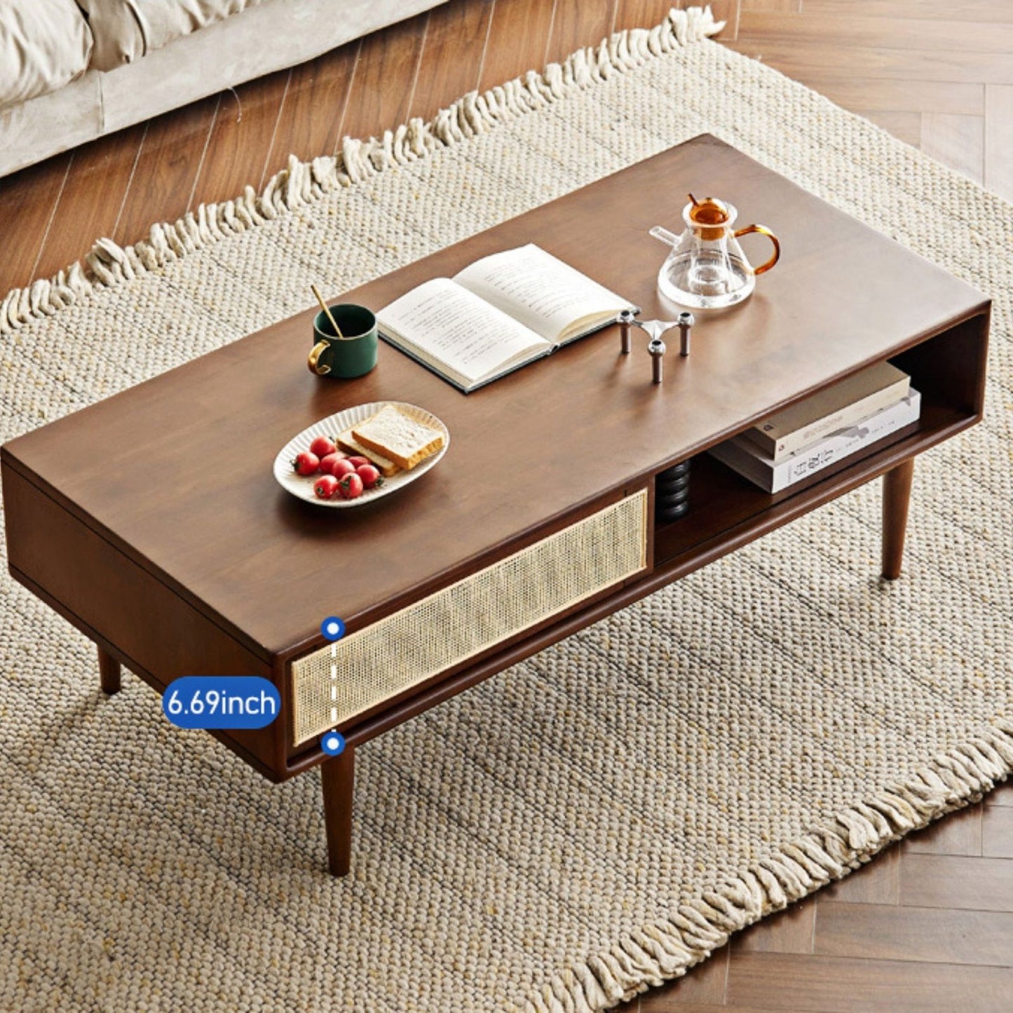 100% Solid Rubber Wood Modern Classic Solid Wood Coffee Table with Open Storage Shelf (Natural)