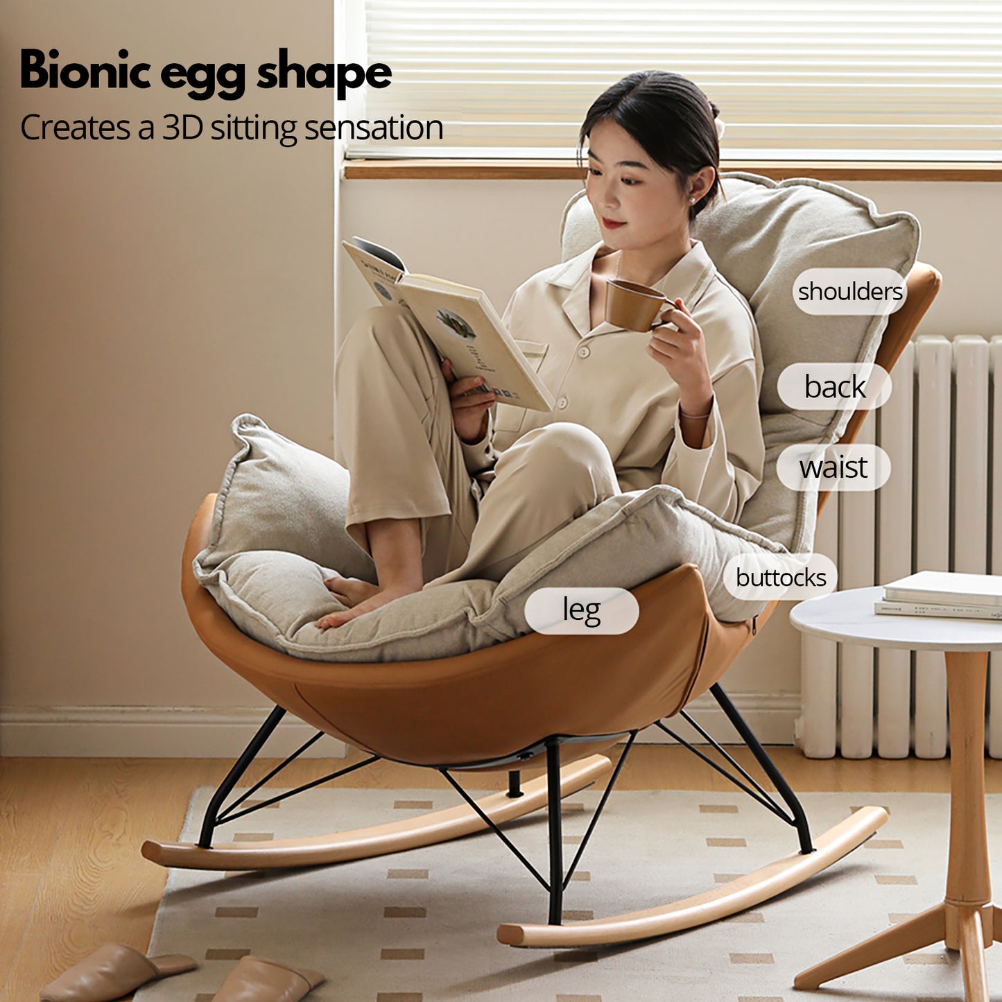 Genji Wood Fabric Eggshell Chair - Single Recliner Lounge Chair, Rocking Chair for Adults, Lazy Sofa for Balcony & Home Use