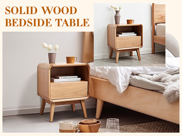 100% Wood Nightstand Bed Side Table with Drawers (Natural)