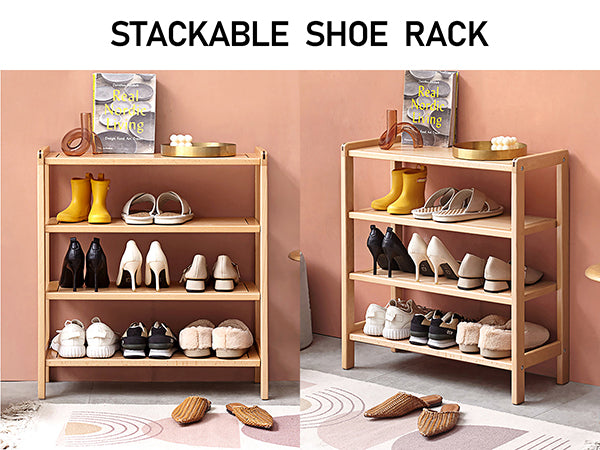 100% Solid Wood Shoe Rack 4-Tier, Closet Shoe Storage (Natural)