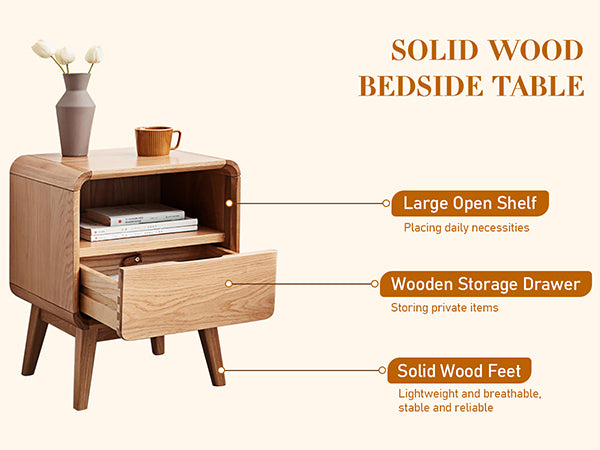 100% Wood Nightstand Bed Side Table with Drawers (Natural)
