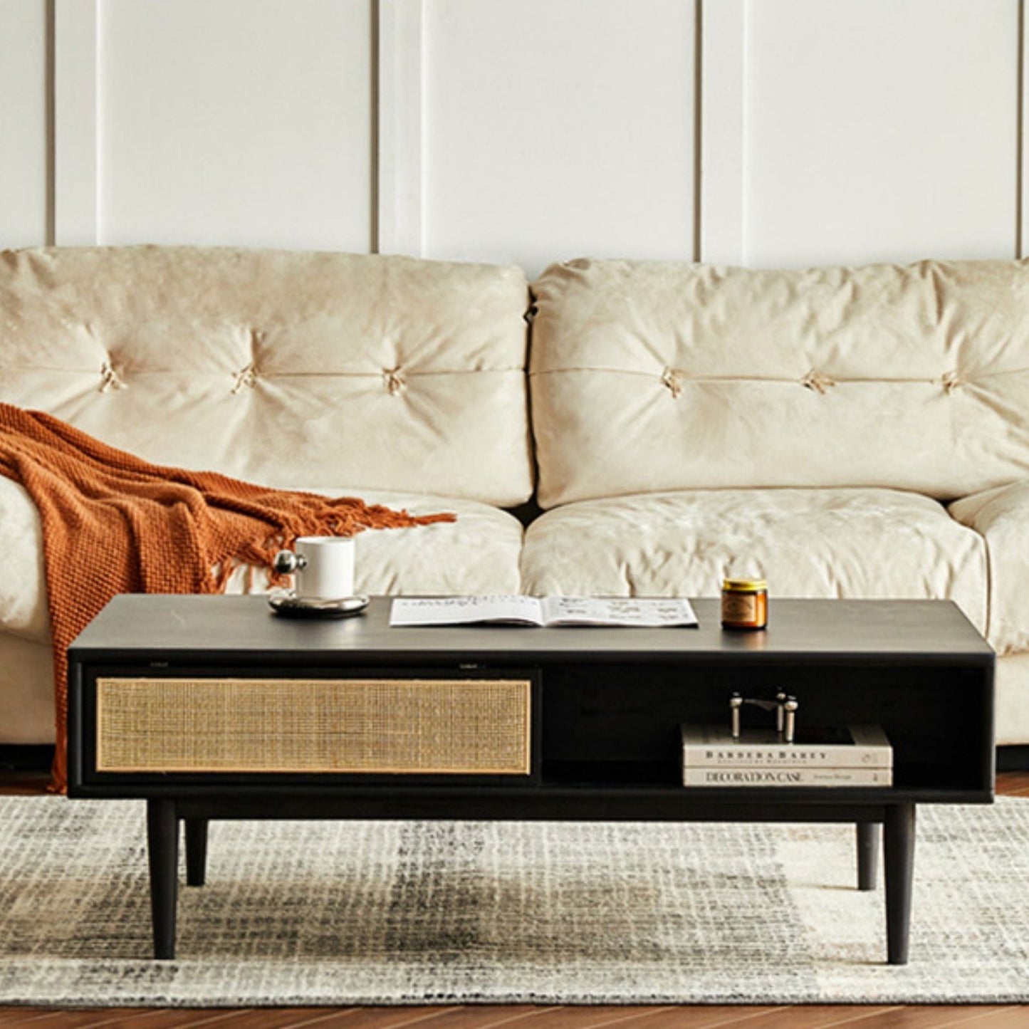 100% Solid Rubber Wood Modern Classic Solid Wood Coffee Table with Open Storage Shelf (Walnut)