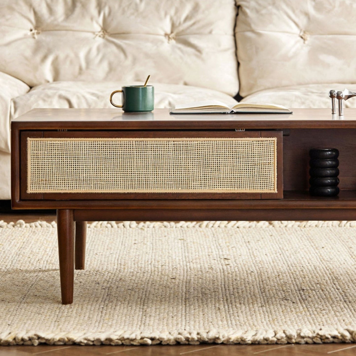 100% Solid Rubber Wood Modern Classic Solid Wood Coffee Table with Open Storage Shelf (Natural)